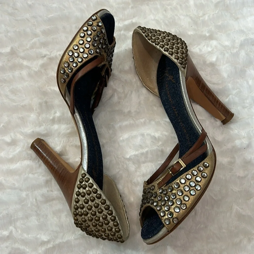 Giuseppe Zanotti Rhinestone Studded Bronze And Brown w Denim Insole Sandals 6.5